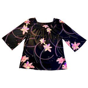Vintage ‘trissi’ Black and Pink Orchid Polyester Bell Sleeved Shirt Size Small